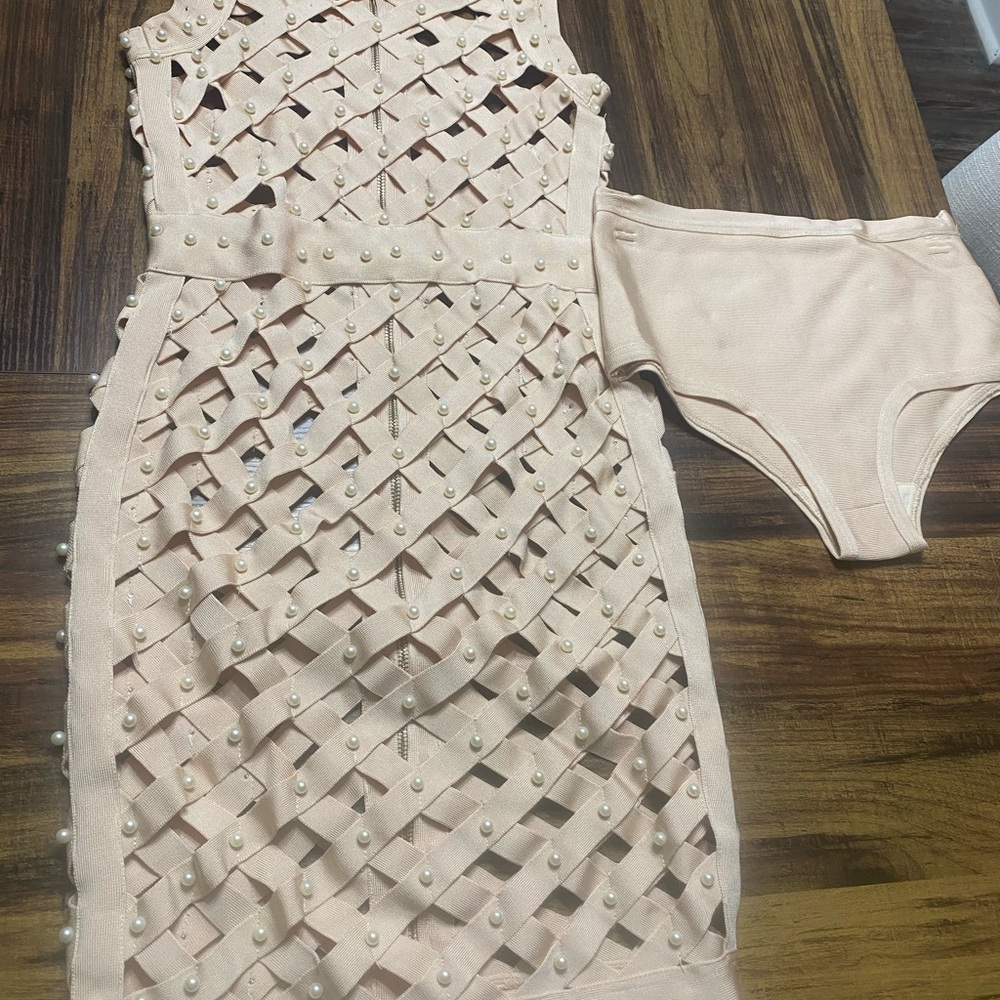Elegant Beige Dress with Pearl Accents